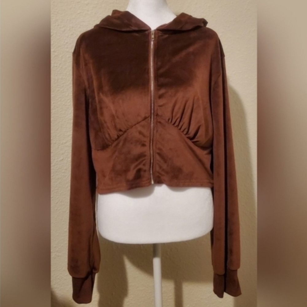 Women's Justify Cropped Velour Zip-Up Hoodie. Brown‎ Size XL